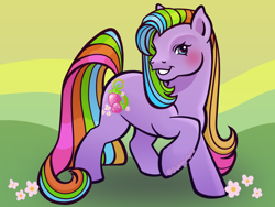 Size: 1280x960 | Tagged: safe, artist:sparkytopia, imported from derpibooru, rainbowberry, earth pony, pony, female, flower, g3, green background, grin, mare, raised hoof, simple background, smiling, solo, standing, turned head