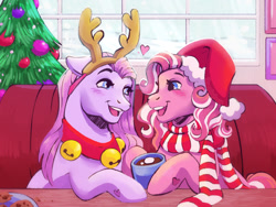 Size: 1280x960 | Tagged: safe, artist:sparkytopia, imported from derpibooru, snow'el, winter wish, earth pony, pony, antlers, blushing, booth, chocolate, christmas, christmas tree, clothes, cookie, duo, fake antlers, female, food, g3, hat, heart, holiday, hoof heart, hot chocolate, jingle bells, lesbian, looking at each other, looking at someone, mare, mug, open mouth, open smile, ornament, ornaments, reindeer antlers, santa hat, scarf, shipping, smiling, striped scarf, tree, underhoof, window, winter'el