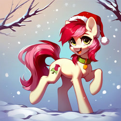 Size: 1000x1000 | Tagged: safe, imported from derpibooru, roseluck, earth pony, pony, ai content, ai generated, christmas, collar, generator:purplesmart.ai, generator:stable diffusion, hat, holiday, looking at you, open mouth, open smile, pet tag, pony pet, prompter:doom9454, raised hoof, rosepet, santa hat, smiling, smiling at you, snow, solo