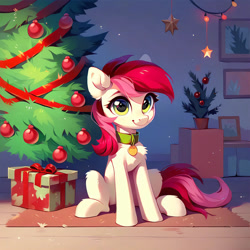 Size: 1000x1000 | Tagged: safe, imported from derpibooru, roseluck, earth pony, pony, ai content, ai generated, chest fluff, christmas, christmas ornament, christmas tree, collar, decoration, generator:purplesmart.ai, generator:stable diffusion, holiday, looking at you, pet tag, pony pet, present, prompter:doom9454, rosepet, sitting, solo, tree