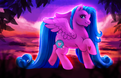 Size: 1280x828 | Tagged: safe, artist:sparkytopia, imported from derpibooru, island delight, pegasus, pony, 3d cutie mark, beach, beautiful, color porn, female, g3, grin, hoof heart, leaf, long mane, long tail, mare, ocean, raised hoof, sky, smiling, solo, spread wings, sunset, tail, underhoof, water, wings