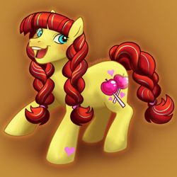 Size: 1280x1280 | Tagged: safe, artist:sparkytopia, imported from derpibooru, earth pony, pony, bangs, braid, braided tail, candy apple (g3), female, g3, hoof heart, mare, open mouth, open smile, orange background, simple background, smiling, solo, tail, underhoof