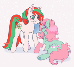 Size: 1280x1150 | Tagged: safe, imported from derpibooru, merry treat, minty, earth pony, pony, :3, blush sticker, blushing, christmas, christmas stocking, clothes, duo, duo female, ear fluff, female, g1, g3, holiday, looking at each other, looking at someone, lying down, mare, mouth hold, open mouth, open smile, prone, simple background, smiling, socks, standing, underhoof, white background