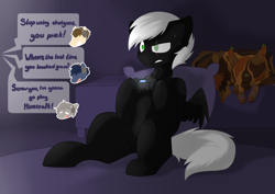 Size: 3510x2480 | Tagged: safe, artist:malurs, imported from derpibooru, oc, oc:shadow flare, pegasus, timber wolf, bed, blind eye, commission, controller, dialogue, headphones, male, pillow, sweat, sweatdrop, video game, ych result