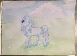 Size: 2048x1502 | Tagged: safe, artist:universalheart, imported from derpibooru, oc, oc only, oc:pearly, butterfly, earth pony, pony, butterfly on nose, earth pony oc, insect on nose, solo, traditional art, watercolor painting