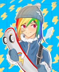 Size: 1640x2000 | Tagged: safe, artist:bianhuabaohuxiehuihuizhang, imported from derpibooru, part of a set, rainbow dash, human, bandaid, clothes, floating wings, hat, humanized, jacket, light skin, mittens, skateboard, solo, winged humanization, wings