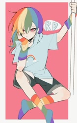 Size: 869x1387 | Tagged: safe, artist:wanwan2007, imported from derpibooru, rainbow dash, human, clothes, female, hand on chin, humanized, light skin, missing shoes, rainbow socks, red background, simple background, sitting, socks, solo, stocking feet, striped socks