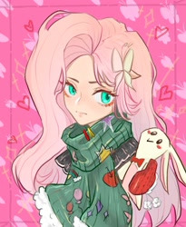 Size: 1640x2000 | Tagged: safe, artist:bianhuabaohuxiehuihuizhang, imported from derpibooru, part of a set, fluttershy, human, clothes, female, humanized, light skin, mittens, patterned background, plushie, solo, sweater