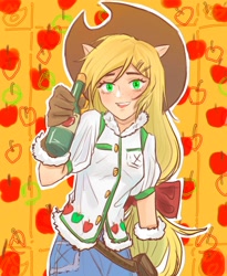 Size: 1640x2000 | Tagged: safe, artist:bianhuabaohuxiehuihuizhang, imported from derpibooru, part of a set, applejack, human, bottle, cider, female, humanized, light skin, looking at you, patterned background, smiling, smiling at you, solo