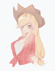 Size: 1480x1920 | Tagged: safe, artist:wanwan2007, imported from derpibooru, applejack, human, clothes, female, humanized, light skin, looking at you, plaid shirt, shirt, simple background, white background
