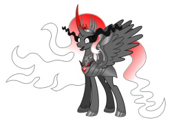 Size: 2477x1831 | Tagged: safe, anonymous artist, imported from derpibooru, rabia, alicorn, pony, umbrum, alicorn amulet, armor, concave belly, crown, empress, ethereal mane, ethereal tail, evil, evil grin, eyebrows, eyelashes, eyes open, fangs, female, grin, high res, hoof shoes, horn, jewelry, long legs, long mane, long tail, mare, open mouth, regalia, simple background, slender, slit pupils, smiling, solo, spread wings, standing, tail, tall, teeth, thin, transparent background, wings, xk-class end-of-the-world scenario