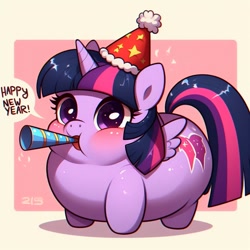 Size: 1024x1024 | Tagged: safe, imported from derpibooru, twilight sparkle, alicorn, ai content, ai generated, fat, hat, new year, party hat, party horn, prompter:darklady94two, twilard sparkle, twilight sparkle (alicorn)
