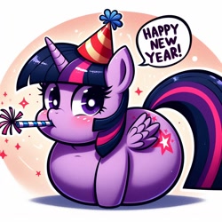 Size: 1024x1024 | Tagged: safe, imported from derpibooru, twilight sparkle, alicorn, ai content, ai generated, fat, happy new year, hat, holiday, party hat, party horn, prompter:darklady94two, twilard sparkle, twilight sparkle (alicorn)