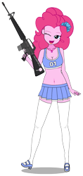 Size: 639x1351 | Tagged: safe, artist:edy_january, edit, imported from derpibooru, vector edit, pinkie pie, human, equestria girls, equestria girls series, assault rifle, cheerleader, clothes, geode of sugar bombs, gun, humanized, kisekae, lollipop chainsaw, lollipop rifle, m16, magical geodes, miniskirt, parody, reference, rifle, shirt, shoes, simple background, skirt, socks, solo, stockings, thigh highs, transparent background, trigger discipline, vector, vulgar description, weapon