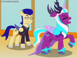 Size: 4200x3150 | Tagged: safe, artist:alejandrogmj, imported from derpibooru, opaline arcana, oc, oc:chicken claws, alicorn, pegasus, pony, clothes, crown, disguise, disguised changeling, g5, glasses, jewelry, laughing, regalia, tell your tale accurate, zephyr heights