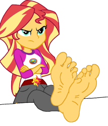 Size: 720x840 | Tagged: safe, artist:declucivemario2842, imported from derpibooru, sunset shimmer, human, equestria girls, angry, barefoot, base, camp everfree outfits, clothes, crossed arms, feet, feet on table, feet up, female, fetish, foot fetish, foot focus, soles, toes