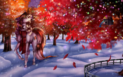 Size: 1131x707 | Tagged: safe, artist:starmoonlightfox, imported from derpibooru, oc, oc only, oc:razlad, bird, pony, bird house, clothes, devil, fence, helix horn, horn, leaves, looking up, scarf, scenery, secret santa, snow, snowfall, solo, striped scarf, tree