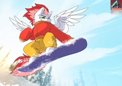 Size: 1100x778 | Tagged: safe, artist:arctic-fox, imported from derpibooru, oc, oc only, oc:swift apex, pegasus, pony, pegasus oc, snowboard, solo, wings