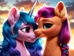 Size: 4096x3072 | Tagged: safe, imported from derpibooru, izzy moonbow, sunny starscout, earth pony, pony, unicorn, ai content, ai generated, chest fluff, ear fluff, female, g5, generator:pony diffusion v6 xl, generator:purplesmart.ai, generator:stable diffusion, horn, looking at you, prompter:kluknawa235, smiling