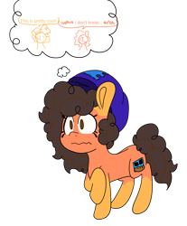 Size: 828x998 | Tagged: source needed, safe, artist:mildedmir, imported from derpibooru, oc, oc only, oc:robertapuddin, oc:sour dough, earth pony, pony, beanie, blushing, cute, fusion, hat, sourberta doughdin, transformation