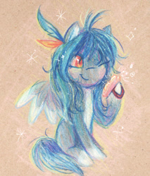 Size: 1341x1573 | Tagged: safe, artist:equmoria, imported from derpibooru, oc, oc only, pegasus, pony, blushing, colored pencil drawing, feather, solo, sparkles, traditional art