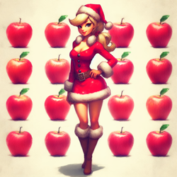 Size: 2048x2048 | Tagged: safe, imported from derpibooru, applejack, human, ai content, ai generated, apple, boots, breasts, busty applejack, christmas, clothes, costume, food, generator:bing image creator, hat, holiday, humanized, prompter:krivovyaz, santa costume, santa hat, shoes, simple background, solo