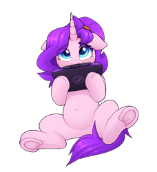 Size: 2135x2339 | Tagged: safe, alternate version, artist:rivin177, imported from derpibooru, oc, oc:rivin, pony, unicorn, derpibooru community collaboration, 2024 community collab, belly, belly button, blue eyes, brush, featureless crotch, floppy ears, frog (hoof), front view, holding, hoofbutt, hooves, horn, horseshoes, looking up, ponytail, raised hoof, simple background, sitting, solo, tablet, transparent background, underhoof, unicorn oc