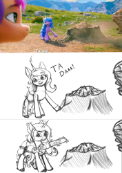 Size: 4961x7016 | Tagged: safe, artist:playful wings, imported from derpibooru, screencap, izzy moonbow, sunny starscout, earth pony, pony, unicorn, spoiler:my little pony: a new generation, chainsaw, g5, my little pony: a new generation, sketch, smoke, ta-da!, tree, tree stump