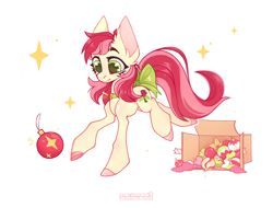 Size: 2900x2200 | Tagged: safe, artist:ne imeet smysla, imported from derpibooru, roseluck, pony, behaving like a cat, bow, christmas ornament, collar, commission, commissioner:doom9454, cute, decoration, pet tag, pony pet, rosepet, tail, tail bow