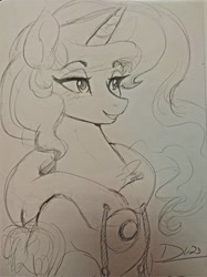 Size: 1534x2048 | Tagged: safe, artist:thelunarmoon, imported from derpibooru, princess luna, alicorn, pony, bust, clothes, eyebrows, eyebrows visible through hair, female, grayscale, hoodie, lidded eyes, mare, monochrome, pencil drawing, smiling, solo, traditional art