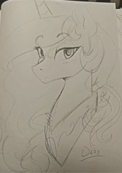 Size: 1450x2048 | Tagged: safe, artist:thelunarmoon, imported from derpibooru, princess celestia, alicorn, pony, bust, eyebrows, eyebrows visible through hair, female, grayscale, looking at you, mare, monochrome, pencil drawing, solo, traditional art