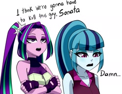 Size: 2000x1548 | Tagged: safe, artist:nekojackun, imported from derpibooru, aria blaze, sonata dusk, human, equestria girls, bangs, bell, bell collar, breasts, cleavage, clothes, collar, dialogue, eyebrows, eyebrows visible through hair, eyeshadow, female, fingerless gloves, gloves, i think we're gonna have to kill this guy, lidded eyes, lip gloss, makeup, meme, open mouth, pigtails, ponytail, shirt, simple background, sleeveless, twintails, white background, zipper