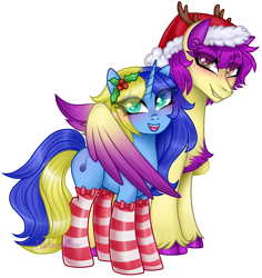 Size: 2146x2271 | Tagged: safe, artist:nekomellow, imported from derpibooru, oc, oc only, oc:blue water, oc:purple wingshade, deer, deer pony, hybrid, original species, pegasus, pony, unicorn, antlers, chest fluff, christmas, clothes, colored wings, female, folded wings, holiday, hoof fluff, male, mare, multicolored hair, multicolored wings, simple background, socks, stallion, striped socks, transparent background, wings