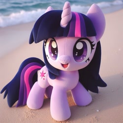 Size: 1024x1024 | Tagged: safe, imported from derpibooru, twilight sparkle, pony, unicorn, ai content, ai generated, beach, cute, generator:dall-e 3, open mouth, open smile, plushie, prompter:morishy1000, smiling, solo, twiabetes, unicorn twilight