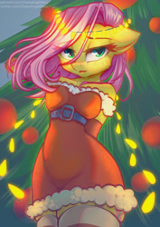 Size: 3508x4961 | Tagged: safe, artist:chaosangeldesu, imported from derpibooru, fluttershy, anthro, pegasus, pony, belt, christmas, christmas lights, christmas tree, clothes, commission, cute, dress, female, holiday, socks, solo, solo female, tree, ych result