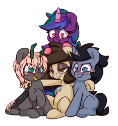 Size: 1892x2020 | Tagged: safe, artist:lou, imported from derpibooru, oc, oc only, oc:amethyst, oc:louvely, oc:maverick shadowclaw, oc:trent, earth pony, pony, unicorn, derpibooru community collaboration, 2024 community collab, earth pony oc, horn, simple background, transparent background, unicorn oc, unknown species