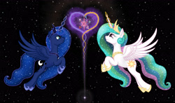 Size: 5100x3000 | Tagged: safe, artist:xodok, imported from derpibooru, princess celestia, princess luna, alicorn, pony, series:ponyashnost, female, heart, magic, night, royal sisters, siblings, sisters, stars