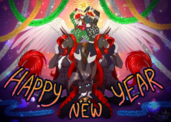 Size: 1600x1143 | Tagged: safe, artist:sunny way, imported from derpibooru, anthro, horse, pegasus, art, artwork, celebration, christmas, digital art, exclusive, female, garland, happy, happy new year, happy new year 2024, holiday, le tits now, let it snow, male, mare, muscles, new year, smiling, stallion, stars, sunny way, transformers, unicron