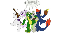 Size: 3840x2160 | Tagged: safe, artist:copycat, artist:silent-e, imported from derpibooru, oc, oc only, oc:copycat, oc:draklerahl, oc:elytra, oc:fizark catto, changedling, changeling, monster pony, original species, tatzlpony, unicorn, alcohol, beer, dancing, musical instrument, violin