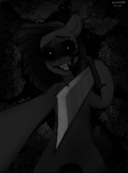 Size: 2221x3000 | Tagged: safe, artist:bloodymrr, imported from derpibooru, oc, earth pony, pony, black eye, black hair, creepy, creepy smile, cute, dark, knife, light skin, murder, night, night sky, scar, short hair, simple background, sky, smiling, solo, stars, tree