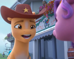 Size: 1689x1337 | Tagged: safe, edit, edited screencap, imported from derpibooru, screencap, hitch trailblazer, pipp petals, spoiler:g5, spoiler:my little pony: make your mark, spoiler:my little pony: make your mark chapter 6, spoiler:mymc06e02, barrel, building, cowboy hat, cropped, g5, hat, my little pony: make your mark, my little pony: make your mark chapter 6, roots of all evil, sheriff, stetson, store