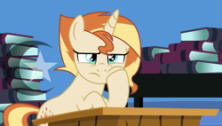 Size: 1685x959 | Tagged: safe, artist:pastelnightyt, imported from derpibooru, oc, oc:sunfire, pony, unicorn, book, female, mare, offspring, parent:fire streak, parent:sunset shimmer, parents:sunsetstreak, solo