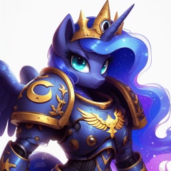 Size: 1024x1024 | Tagged: safe, imported from derpibooru, princess luna, alicorn, anthro, ai content, ai generated, armor, ethereal mane, g4, generator:bing image creator, jewelry, power armor, simple background, space marine, spread wings, tiara, unamused, warhammer (game), warhammer 40k, warrior luna, white background, wings