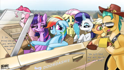 Size: 4403x2480 | Tagged: safe, artist:ostarbito, imported from derpibooru, applejack, clear sky, fluttershy, hitch trailblazer, pinkie pie, rainbow dash, rarity, twilight sparkle, earth pony, pegasus, pony, unicorn, blonde, blonde mane, blue coat, blue eyes, blue mane, blunt, car, carsick, cigar, cigarette, convertible, cowboy hat, decal, dialogue, driving, g4, g5, generation leap, green, green mane, grin, hat, high, implied drug use, implied drugs, magic, mane six, mirror, multicolored hair, my little pony, nervous, nervous grin, nervous sweat, notepad, open mouth, orange coat, outdoors, pink coat, pink mane, purple coat, purple mane, rainbow hair, red eyes, rust, scared, scratches, serious, serious face, sheriff, sheriff's badge, sitting, sky, smiling, smoking, standing on two hooves, steering wheel, sunglasses, sweat, text, vomit, white coat, wings, wood, worried, worried smile, yellow coat