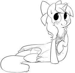 Size: 1023x989 | Tagged: safe, artist:briskby, imported from derpibooru, oc, oc:red ribbon, pony, unicorn, clothes, female, mare, monochrome, nightgown, solo