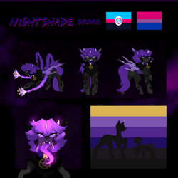 Size: 5000x5000 | Tagged: safe, artist:minty--fresh, imported from derpibooru, changeling, bisexual pride flag, changeling princess, choker, flower, long tongue, palette, pentagram, piercing, polyamory pride flag, pride, pride flag, purple changeling, reference sheet, short hair, size comparison, tongue out, vine