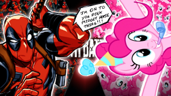 Size: 1280x720 | Tagged: safe, artist:rayluishdx2, imported from derpibooru, pinkie pie, human, pony, breaking the fourth wall, deadpool, death battle, dialogue, exploitable meme, female, fourth wall, g4, hat, male, marvel, marvel comics, meme, party hat, party horn, superhero, vs