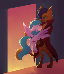 Size: 3000x3500 | Tagged: safe, artist:cottonheart05, imported from derpibooru, capper dapperpaws, oc, oc:cotton heart, abyssinian, anthro, pegasus, pony, blushing, butt, canon x oc, couple, female, g4, hug, male, plot, spread wings, straight, sunset, unshorn fetlocks, wings