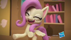 Size: 1920x1080 | Tagged: safe, imported from derpibooru, fluttershy, pony, my little pony: pony life, my little pony: stop motion short, cute, eyes closed, female, happy, hasbro, hasbro logo, logo, on hind legs, smiling