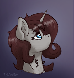 Size: 1505x1594 | Tagged: safe, artist:reddthebat, imported from derpibooru, oc, oc:violina (reddthebat), ghost, ghost pony, pony, undead, unicorn, bust, female, gradient background, lidded eyes, looking up, mare, profile, solo